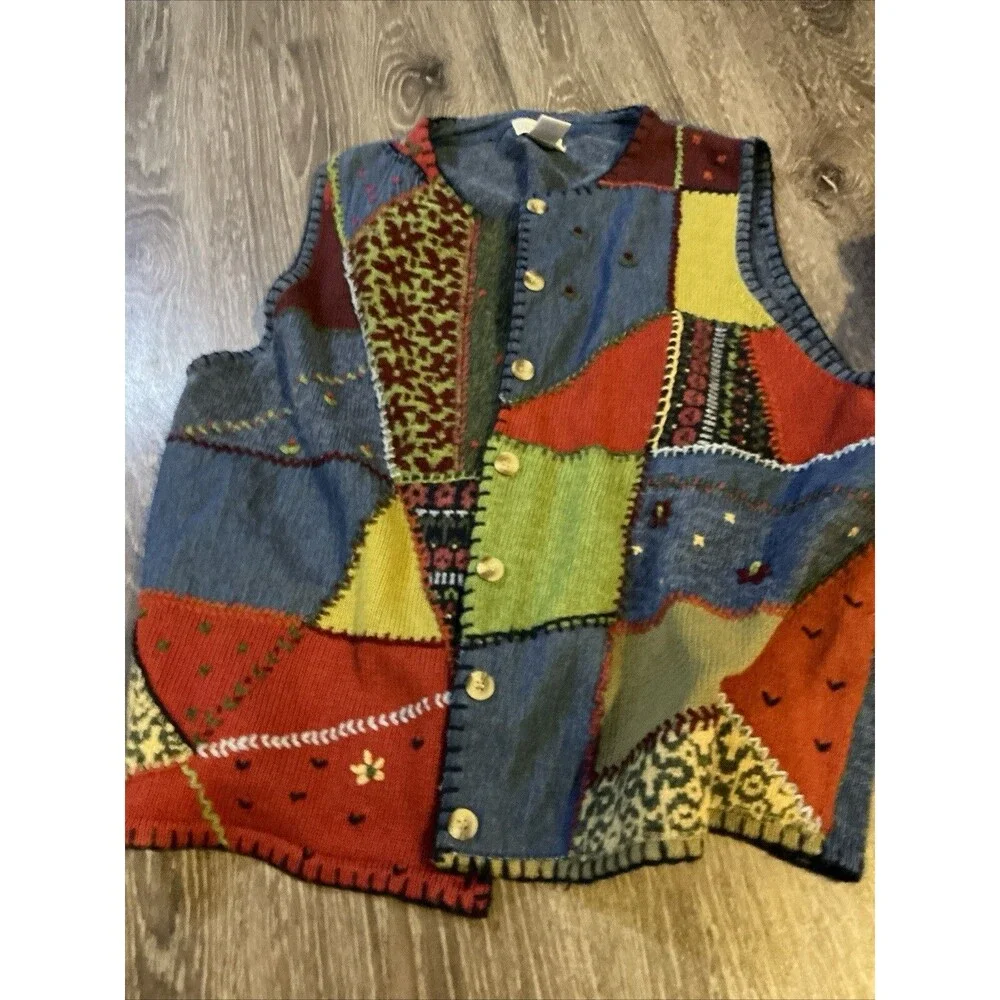 Susan Bristol Multicolor Patchwork Button-Front Sweater Vest